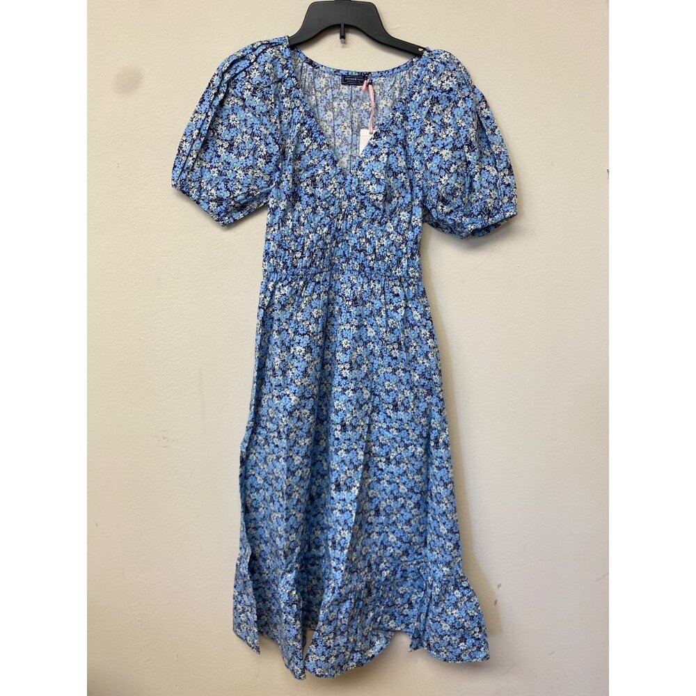 Vineyard Vines Women Navy Floral Print Poplin Puff Sleeve Midi Dress Size XS NWT